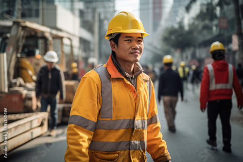 Male construction worker in safety jacket and hat is walking © Instacraft.Studio