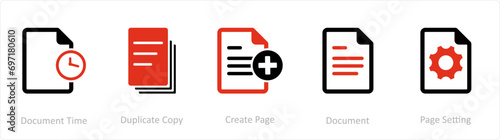 A set of 5 Document icons as document time, duplicate copy, create page