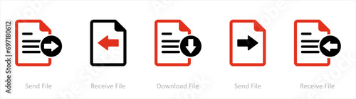 A set of 5 Document icons as send file, receive file, download file 
