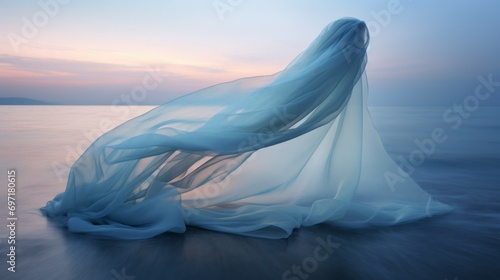 A flying floating blue veil in the sea at sunset. © liliyabatyrova