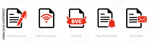 A set of 5 Document icons as edit document, wifi document, svg file