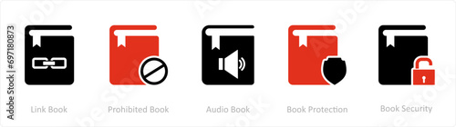 A set of 5 Document icons as link folder, prohibited book, audio book