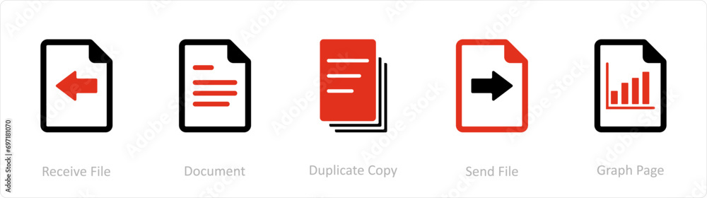 A set of 5 Document icons as receive file, document, duplicate copy A set of 5 Document icons as receive file, document, duplicate copy