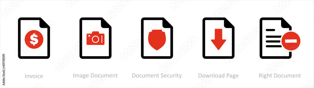 A set of 5 Document icons as invoice, image document, document security A set of 5 Document icons as invoice, image document, document security