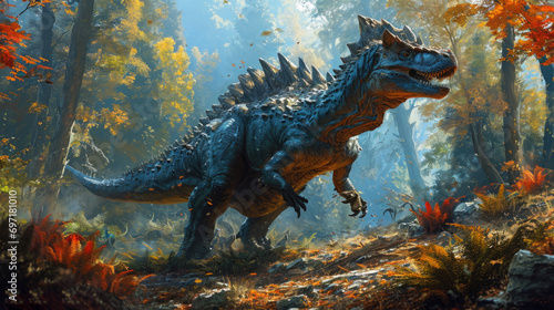 Spinosaurus Dinosaur in a whimsical and colorful style. In natural habitat. Jurassic Park. © Татьяна Креминская