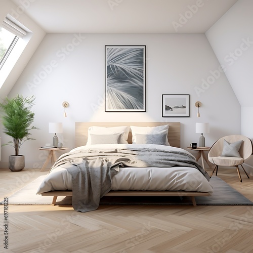 Scandinavian modern bedroom with a white bed and minimalistic design © Wardx