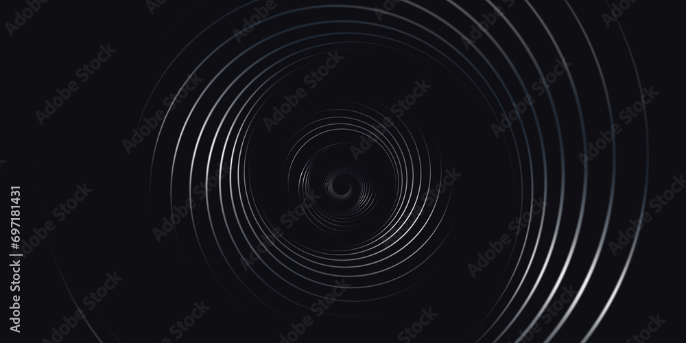 Abstract motion background with psychedelic twisting circles. Round striped silver lines - obrazy, fototapety, plakaty 