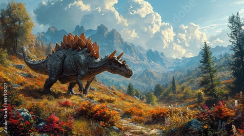 Stegosaurus Dinosaur in a whimsical and colorful style. In natural habitat. Jurassic Park. © Татьяна Креминская