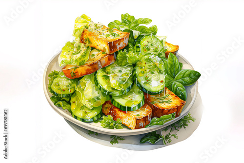 watercolor vegetable salad with cucumber, bread slice, cheese and basil 