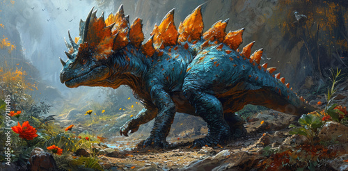 Stegosaurus Dinosaur in a whimsical and colorful style. In natural habitat. Jurassic Park. © Татьяна Креминская