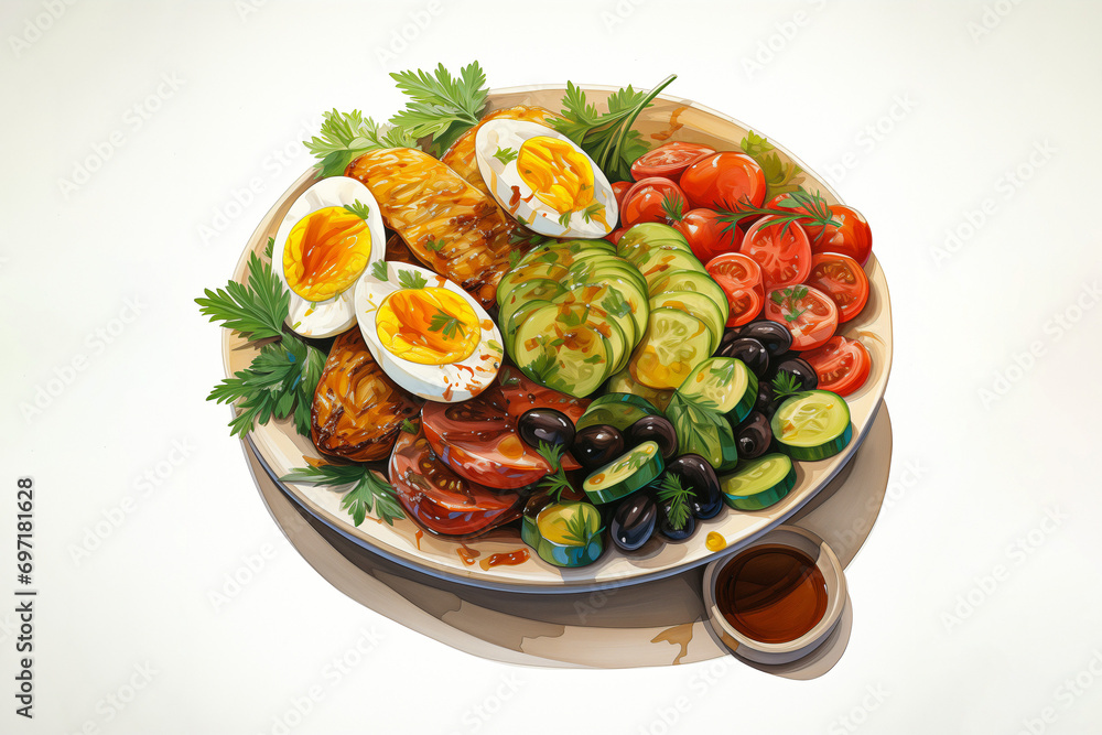 watercolor painting of vegetable salad with tomato, Lettuce, cucumber, olive, Boiled egg, bread slice