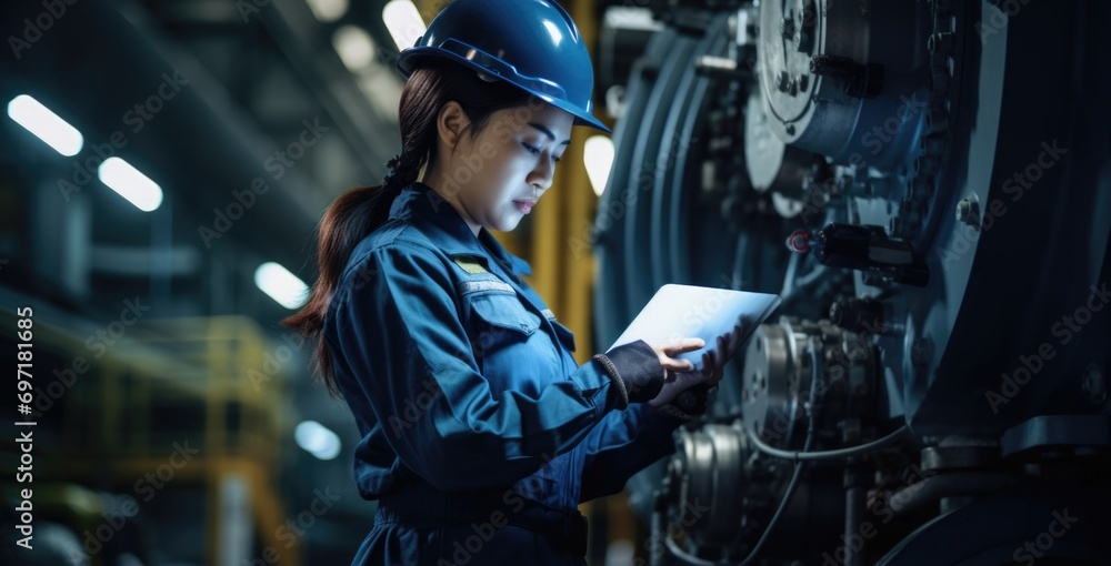 Professional mechanics inspect production machines in a factory using tablet Professional mechanics inspect production machines in a factory using tablet