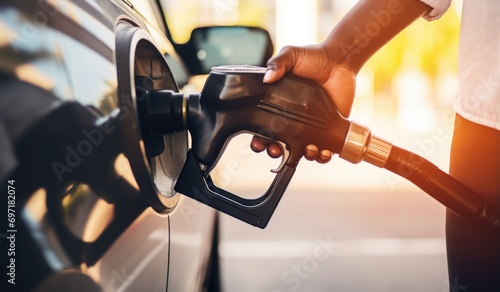 Staff refill gas oil at gas stations. Cars are filled with gasoline using gas station pumps photo