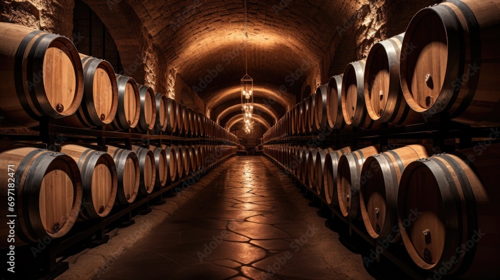 Wine cellar with a row of oak barrels Wine cellar with a row of oak barrels