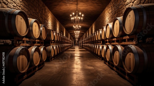 Wine cellar with a row of oak barrels photo