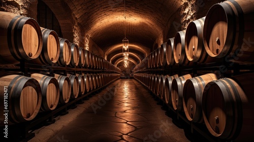 Wine cellar with a row of oak barrels