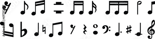Set of Note music icons in trendy black Fill styles designs. Musical key page symbols with treble clef for your web site on transparent background. Musician splash effect signs business concept.
