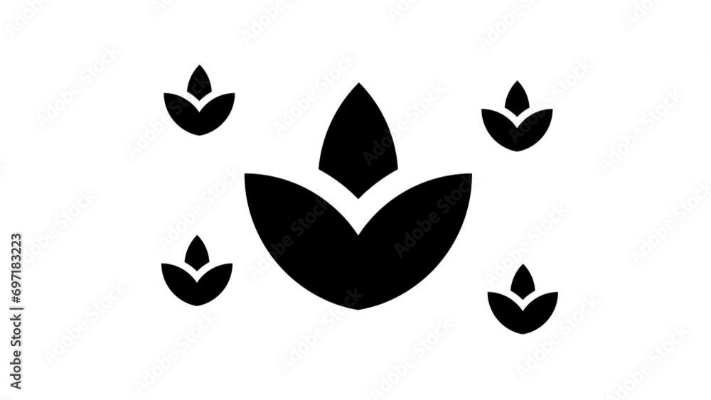 Zoom in and out animation the water lily symbol. Large black symbol in the center and four small symbols around. Seamless looped 4k animation on white background Zoom in and out animation the water lily symbol. Large black symbol in the center and four small symbols around. Seamless looped 4k animation on white background