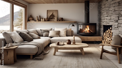Scandinavian rustic living room with wooden accents and cozy textiles