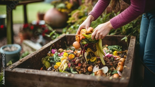 Woman composting food waste in backyard compost bin garden photo