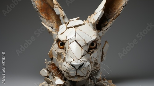 Rabbit in kintsugi style. An animal sculpture made from broken fragments. photo