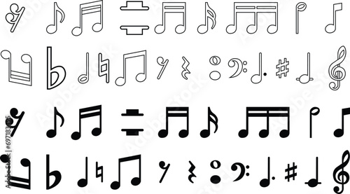 Set of Note music icons in trendy black flat style designs. Musical key page symbol with treble clef for your web site on transparent background. Musician splash effect signs business concept.
