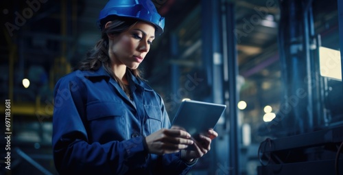 Workers monitor machine production via tablet