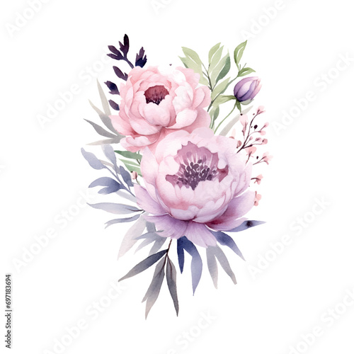 soft neutral pink purple watercolour peonies arrangement boho floral white isolated background