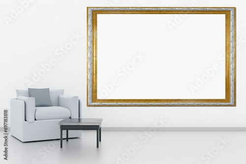 Cornici, quadri vuoti in mostra su muro bianco. Una cornice con spazio vuoto per inserimento di testo o immagini. Ambientato in salotto. Cornice in argento e oro.