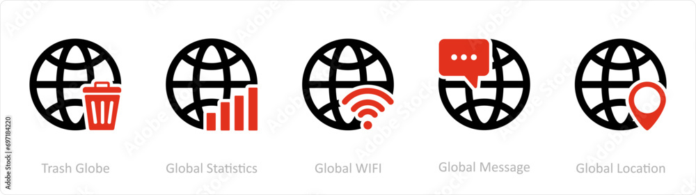 A set of 5 Internet icons as trash globe, global statistics, global wifi A set of 5 Internet icons as trash globe, global statistics, global wifi