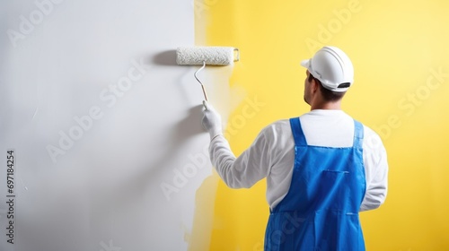 Professional house painter painting a wall white with a roller