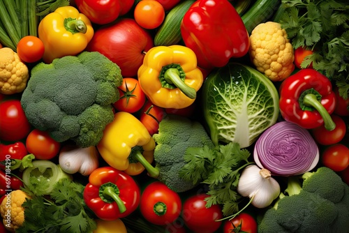 Colorful Array of Fresh Vegetables - Red Tomatoes, Orange Carrots, Green Broccoli, Yellow Peppers