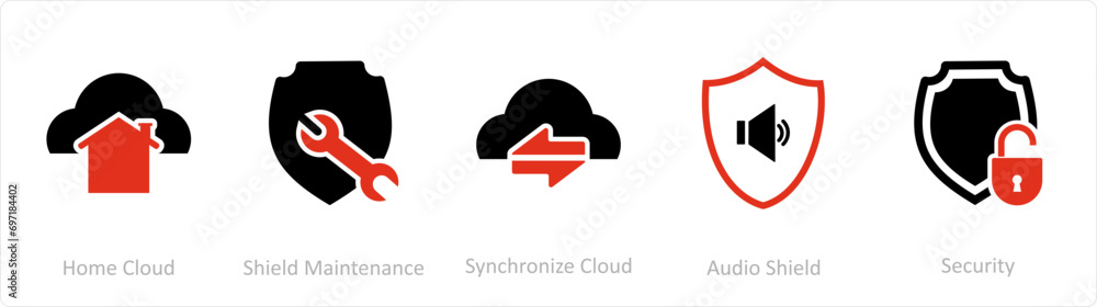 A set of 5 Internet icons as home cloud, shield maintenance, synchronize cloud A set of 5 Internet icons as home cloud, shield maintenance, synchronize cloud