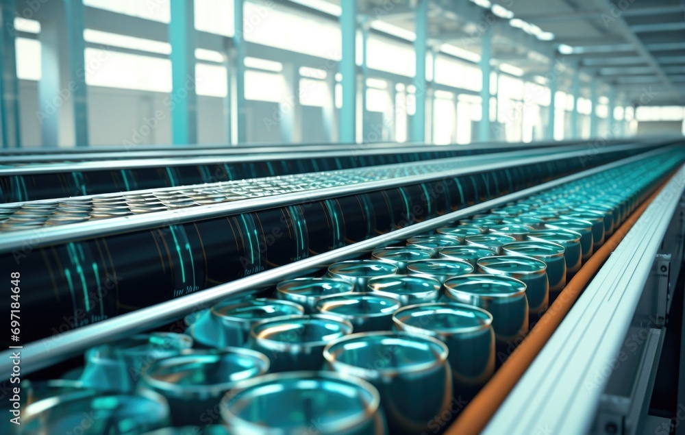 Obraz premium Cans for drink process in factory line on conveyor belt machine at beverage manufacturing