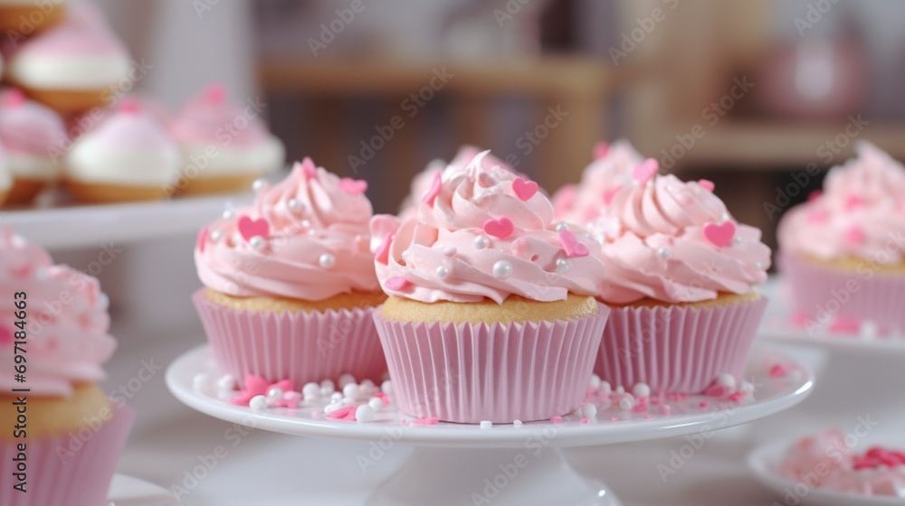 Cupcakes and a pink cake arranged on a white platter