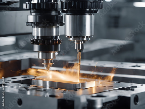 The image shows a CNC machine center drilling a metallic workpiece. The workpiece is being machined by the CNC machine with a drill bit. Coolant is being sprayed onto the workpiece through a nozzle to