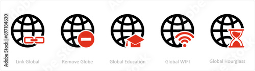 A set of 5 Internet icons as link global, remove globe, global education