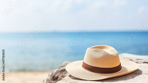 Straw hat on the table with sea view holiday concept