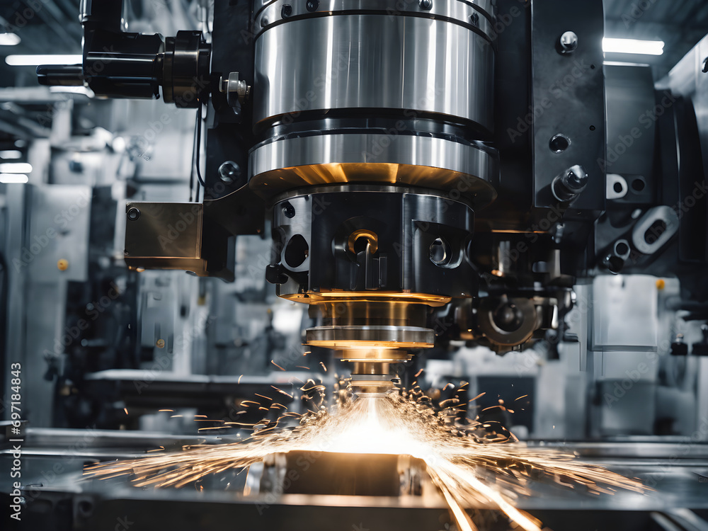 The image shows a CNC milling machine center milling a metallic workpiece. The workpiece is being machined by the CNC machine with a milling cutter The image shows a CNC milling machine center milling a metallic workpiece. The workpiece is being machined by the CNC machine with a milling cutter