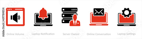 A set of 5 Internet icons as online volume, laptop notification, server owner