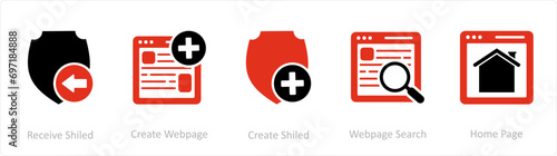 A set of 5 Internet icons as receive shield, create webpage, create shield