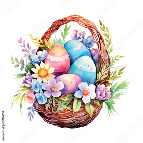 easter multicolored eggs with flowers in a basket watercolor on white background