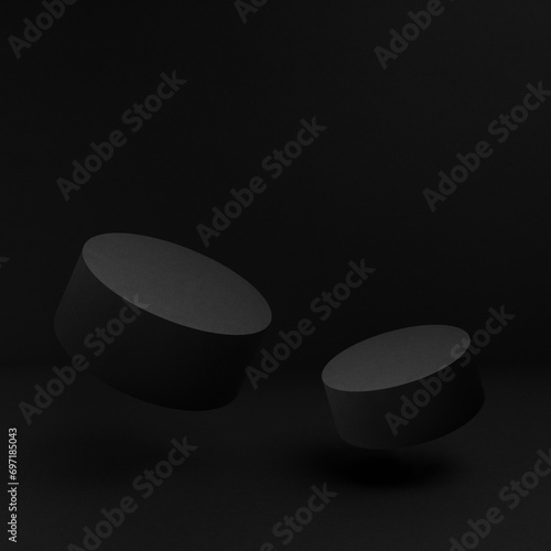 Two tilt black round flying podiums , mockup on black background, shadow. Scene template for presentation cosmetic products, gifts, goods, advertising, design, display, showing in minimalist style.
