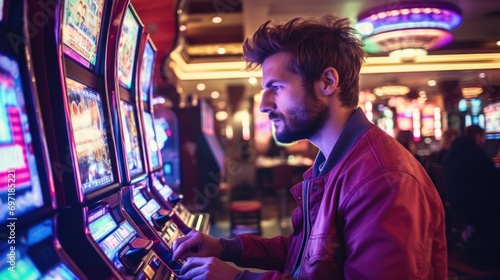 Man in a casino playing slot machine photo