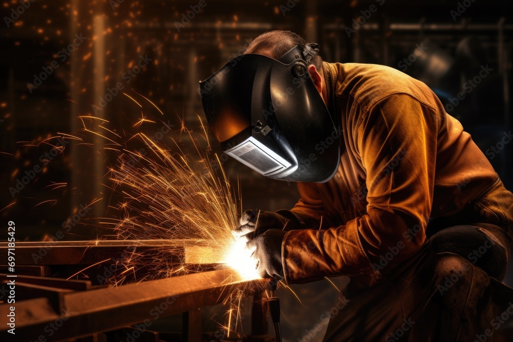 Welder is welding a pipe, bright sparks in steel construction industry Welder is welding a pipe, bright sparks in steel construction industry