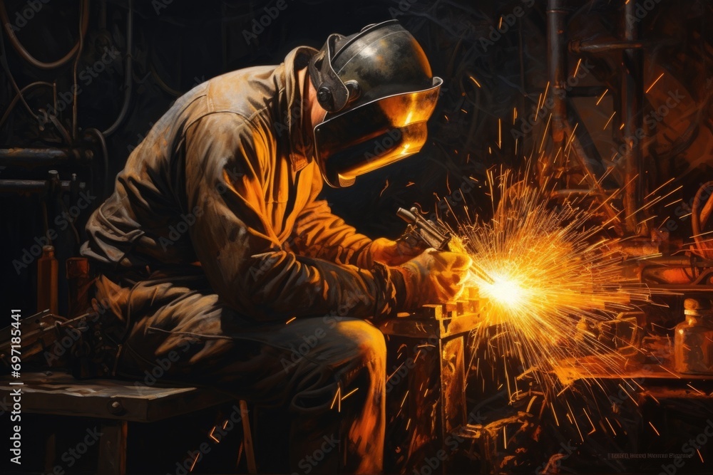 Welder is welding a pipe, bright sparks in steel construction industry Welder is welding a pipe, bright sparks in steel construction industry