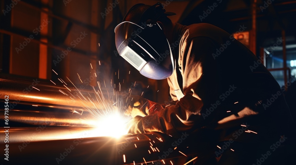 Welder is welding a pipe, bright sparks in steel construction industry Welder is welding a pipe, bright sparks in steel construction industry