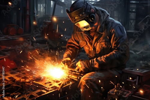 Welder is welding a pipe, bright sparks in steel construction industry