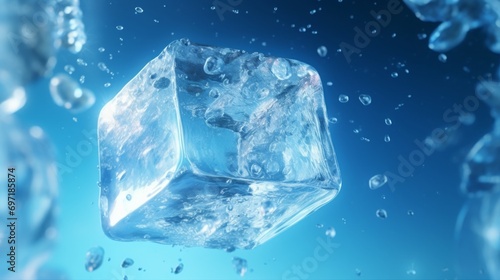 Falling ice cube on a blue background. Frozen water closeup. © Vladimir