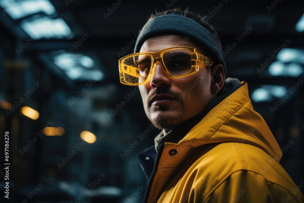 Industrial workers wear safety glasses at work, hard hat Industrial workers wear safety glasses at work, hard hat